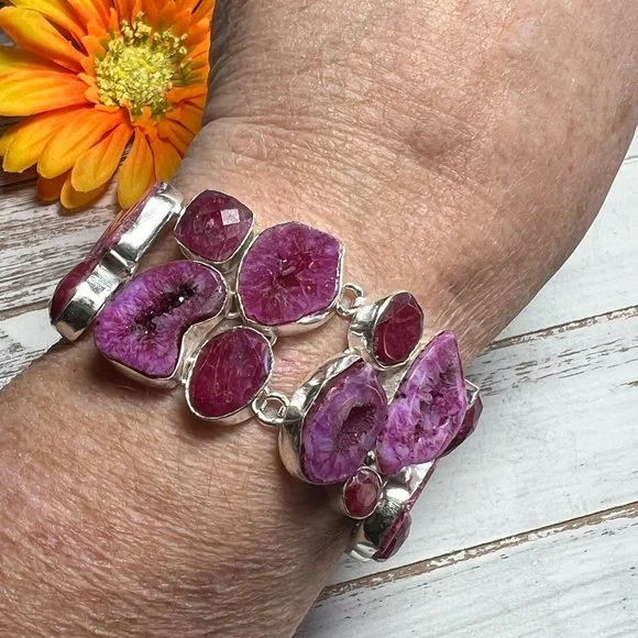 Solar Agate & Ruby Bracelet Handmade Stone Gemstone 925 Silver Large Ethnic New